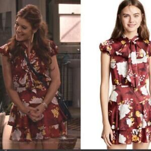 Alice and Olivia Short Sleeve Floral 100% Silk Mini Dress Tie Neck Red Size 2